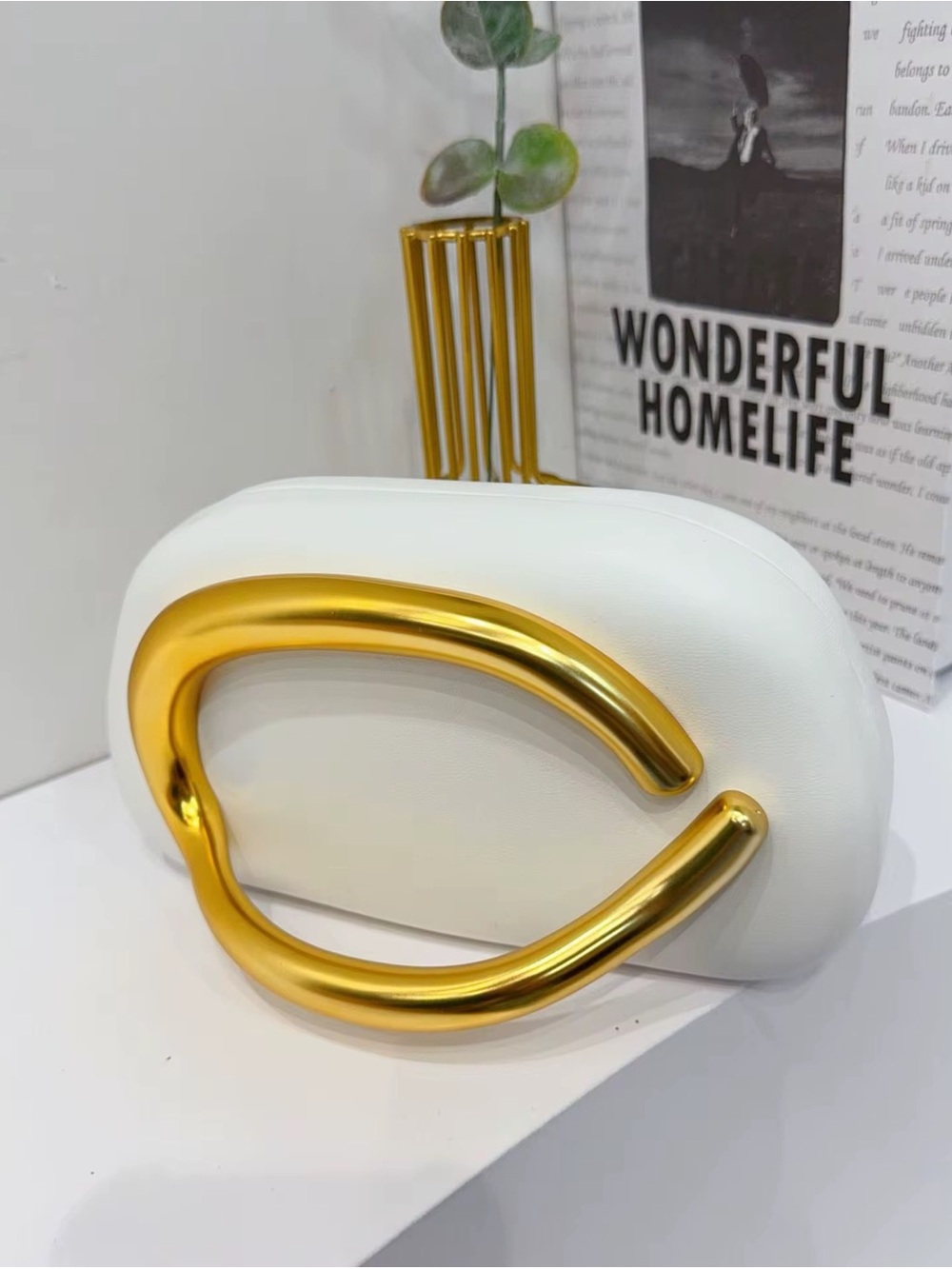White and Gold Sculptural Handle Women's Clutch